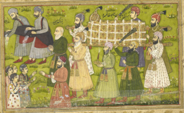 Buzurjumid leading the funeral procession accompanied by water-sprinklers and men giving coins to