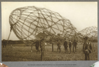 The wrecked Zeppelin brought down by our aviators near the coast of Essex, 1915 (1921). The