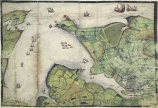 Coloured manuscript plan of Falmouth Haven, or Harbour, 1579. From Lord Burghley's Atlas.