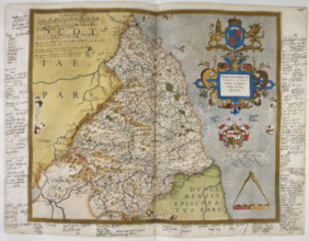 Engraved map of Northumberland, from drawings of Christopher Saxton, 1579. Dedicated to Queen