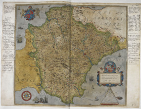Printed map of Devon, dated 1575, with marginal notes by Lord Burghley relating to the defence of