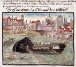 A pleasure boat on the River Rhine at Cologne, 1560-1632.. From Memoirs Biographical Notes and