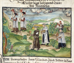 Priests and monks carrying banners, chalice, service books and monstrance; part of the preparations