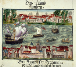 Representation of Jerome Coelers journey from Nuremberg to Antwerp, showing both towns with ships