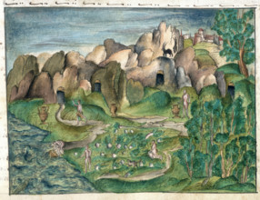 The natives of Venezuela, using gold vessels, cultivating maize and fishing, 1560-1632. From
