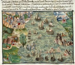 View of Lisbon, with ships tossed about in the treacherous waters of the inlet, 1560-1632. From