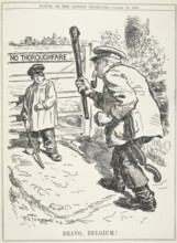 Bravo, Belgium!, 1914. Political cartoon showing a Belgian farmer standing up to the German