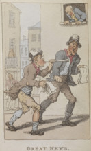 'Great news', 1820. Two men handing out news notices  in the street. One blowing a small wind