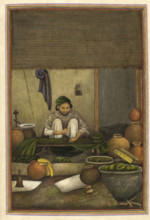 Chipi (or chimba), a cloth printer, printing green cloth with a red geometric design, 1825. From