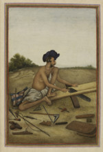 Khati or Tarkhan, carpenter caste of the Panjab - Man sawing a plank, 1825 . From Tashrih Al Aqvam