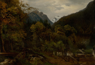 Mountain landscape with wooden huts, c1860.