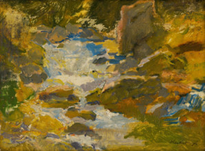 Stream in a forest, c1900.