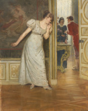 Courting, 1893. Young woman listening to a conversation, possibly between her suitor and her mother