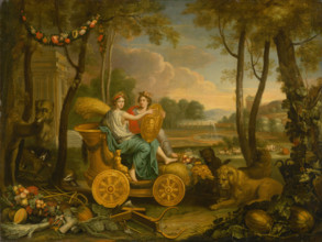 Apotheosis of Louis XIV, 1660-1690. The King of France, wearing a miniature castle on his head,