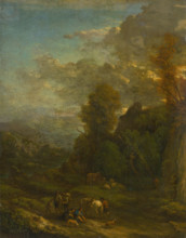 Evening landscape with travellers, c1700.