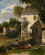 Soldiers camping in a nobleman's yard, scene from the Thirty Years' War, 1871. War in Central
