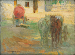 Farmyard with yoked horses, 1908.
