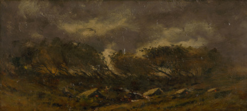 Gypsy camp during a storm, 1910-1930.