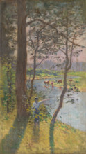 Landscape with cattle drinking at a river, c1900.