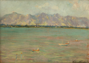 Mountain landscape with lake, after 1900.