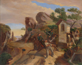 Bandit Ambush, 1847-1850. Travellers are attacked near a roadside shrine.