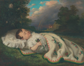 Child in the countryside, 1860. A baby clutching a pansy lies sleeping under a blanket. In the