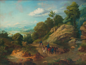 Hussars on patrol, 1850. Soldiers on horseback have just forded a river and are greeted by a
