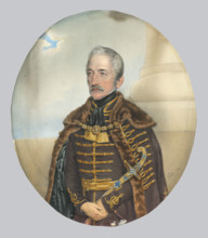 Portrait of a nobleman with a sword, 1842. Man wearing a fur cloak fastened with a gold clasp.