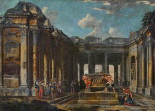 Scene from Roman history in antique ruins, 1730-1750.
