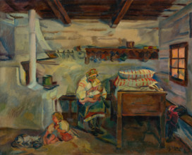 Interior, Zdiar, c1934. Mother breastfeeding her baby while an older child plays near the stove.