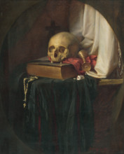 Still life with a skull and a book, 1860. Bible and rosary beads with symbols of mortality: a