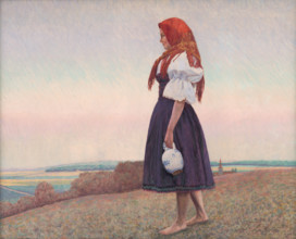 Girl with a jug, c1920-1929. Young woman in traditional costume: red headscarf, blouse under a