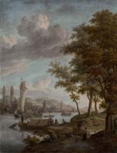 City on a river, 1651-1700. A shepherdess offers a traveller a drink in the foreground. Sailing