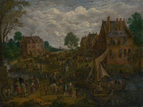 Dutch Market, 1750-1800. Busy scene with cows, pigs and sheep for sale, people arriving by boat