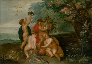Allegory of the Four Elements, around 1610. Birds representing air; fruit, vegetables and climbing
