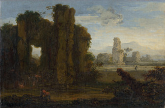 Romantic landscape, 1650-1700. People lighting a fire in the shelter or an overgrown ruin.