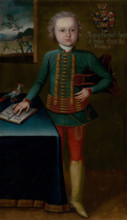 Marek Horvath-Stancic aged six, c1750. Boy wearing a military uniform with gold frogging, and