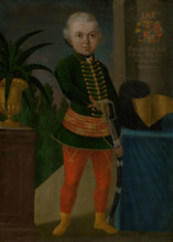 Baltazár Horváth-Stancic aged two years and ten months, c1750. Boy in military uniform preparing to