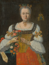 Johanna Zuzana Horváth-Stanithová, c1750. Wealthy woman wearing pearl hair decorations, a pearl