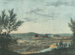 Vysný Majer, 1818-1830. Village of timber houses, with a river in the foreground.