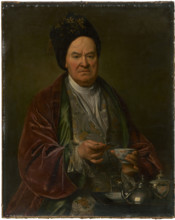 Portrait of a man, 1700-1730. Man wearing a velvet robe holding a teacup. Probably by Ján Kupecký.