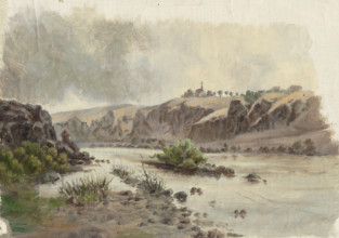 Church on a bank above a river, 1860-1900.