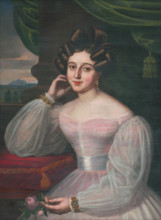 Portrait of a young woman in a pink dress, holding a rose, 1829.