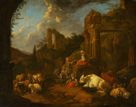 Pastoral Idyll, 1670. Peasants with their animals among ruins: a boy offers a woman fruit from his