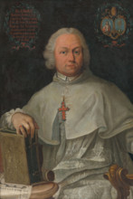 Portrait of Prelate Andrej Sauberer, 1766. On the table are the plans for the baroque complex of St