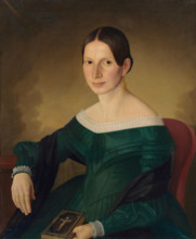 Portrait of Mrs. Juppová, 1845. Woman in a lace-trimmed dress holding a bible.
