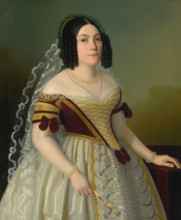 Portrait of Piroska Radvanská, 1846. Woman with ringlets wearing a pearl necklace, lace veil, and