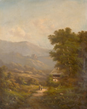 Landscape with a mountain road and castle ruins, 1830-1850.