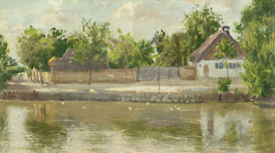 Village by a river, c1900.