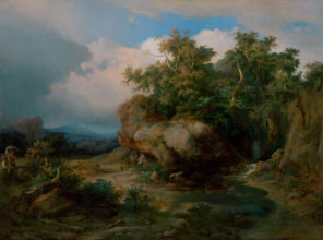 Romantic landscape with figures, c1850. Women and children sheltering beneath overhanging rocks.